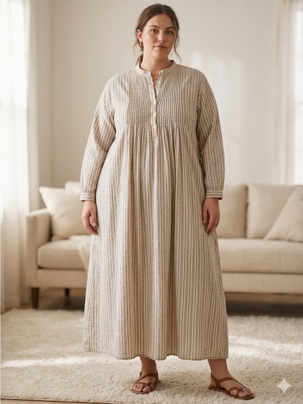 Vintage LL Bean Dobby Pintuck Flannel Nightgown XL cream Striped Cottage core
